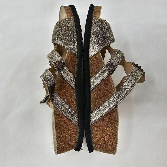 MEPHISTO STRAPPY SANDALS GOLD LEATHER BLACK CHARM WEDGE HEELS 37 US SIZE 7 - Picture 6 of 8